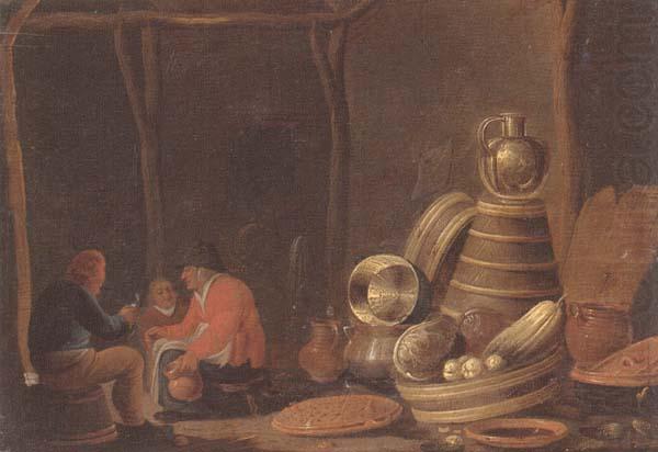 Jan Spanjaert A barn interor with peasants drinking and smoking beside a collection of kitchen utensils china oil painting image